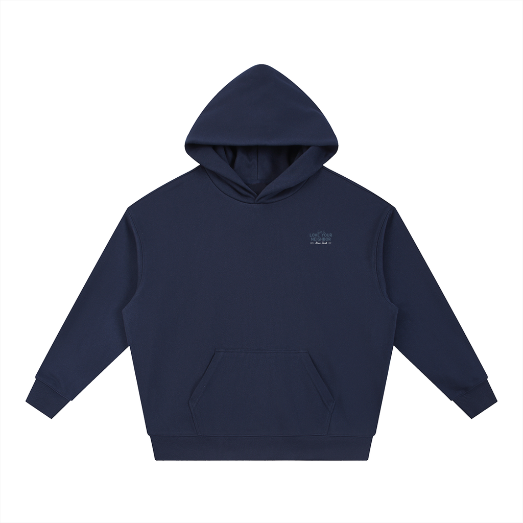 WOMENS LOVE YOUR NEIGHBOR DROP-SHOULDER HOODIE NAVY BLUE