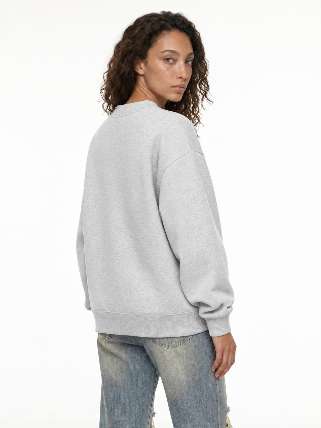grey christian crewneck with a women in front a white background