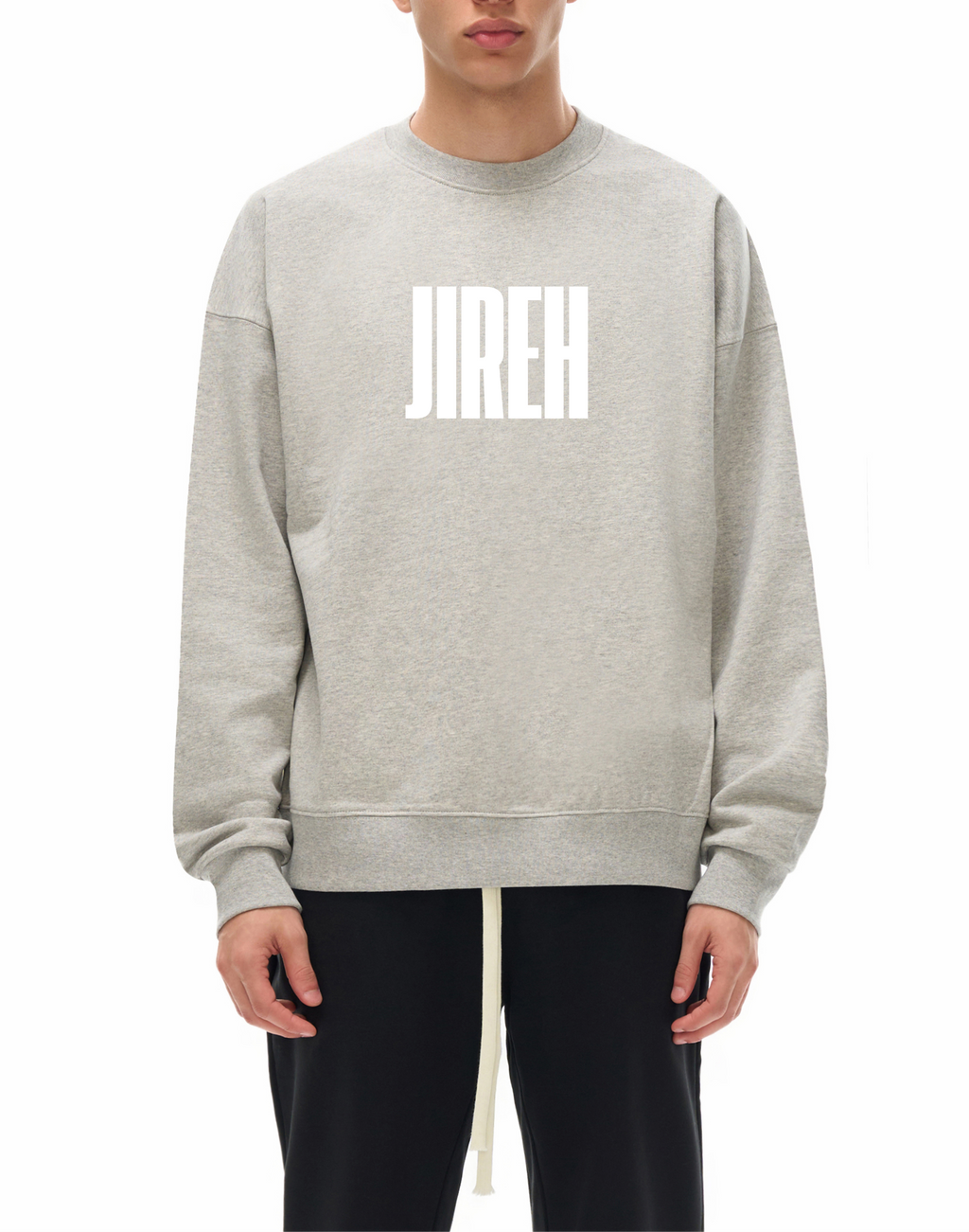 crewneck grey sweatshirt that says Jireh on it