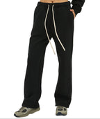 Black sweatpants with a white drawstring on a white background