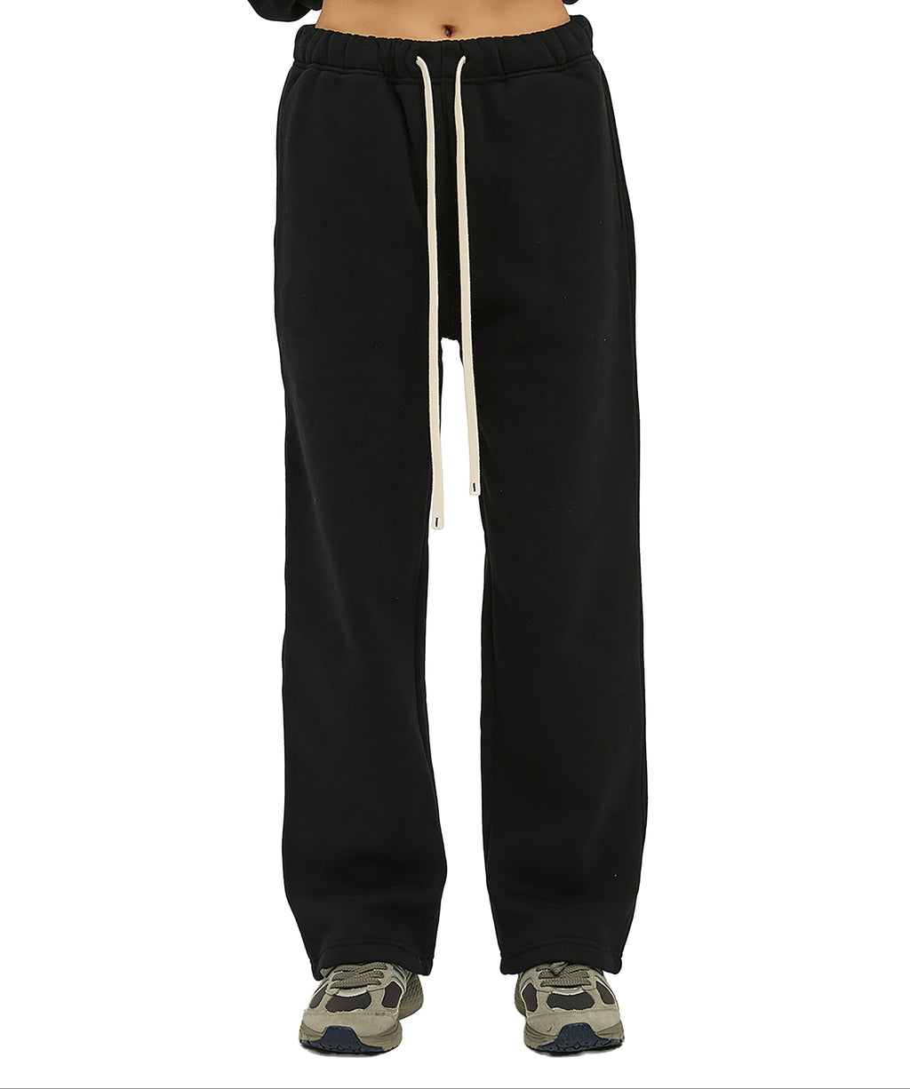 Black sweatpants with a drawstring on a white background