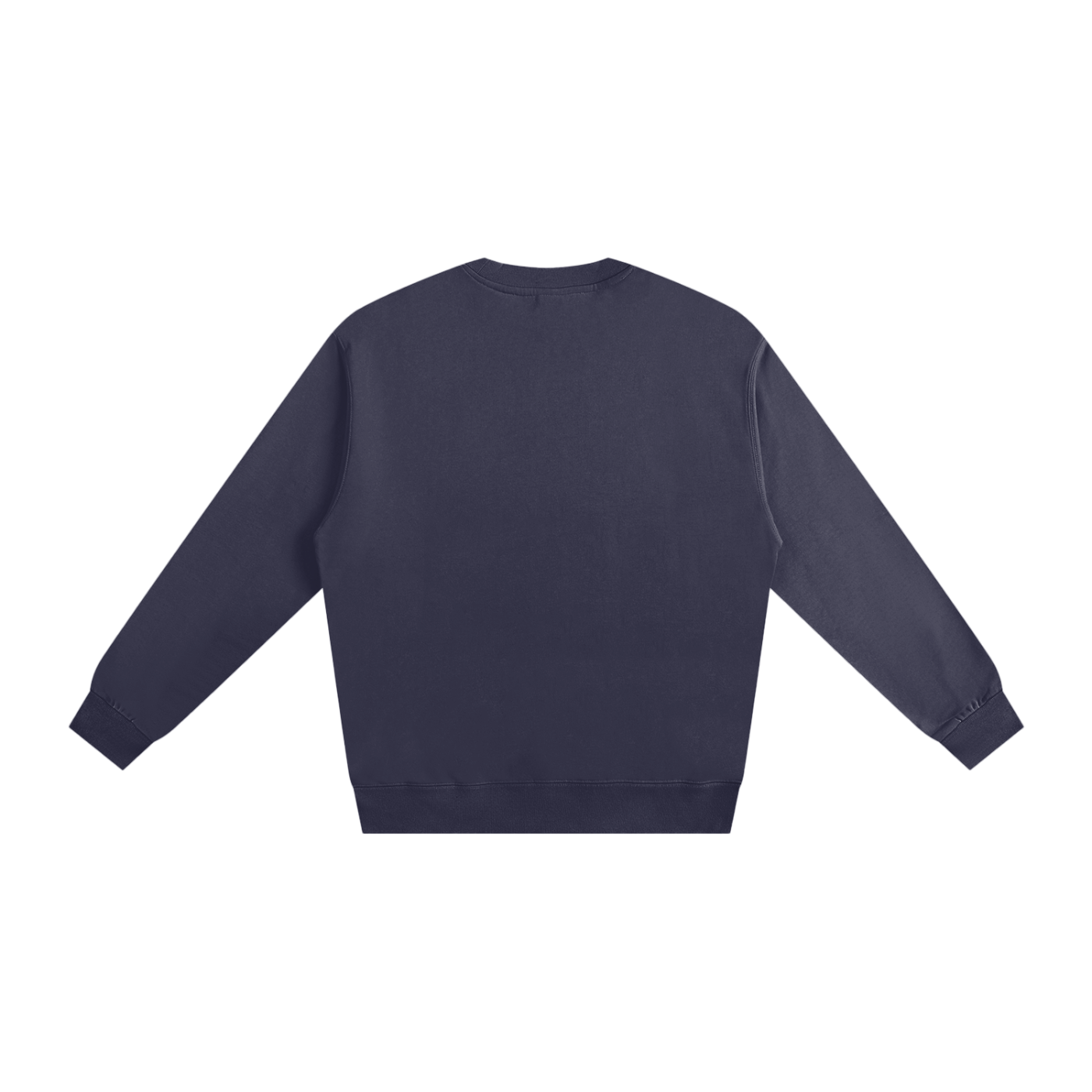 navy blue crewneck sweatshirt. Back has no text on it.