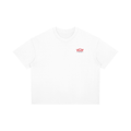 White t-shirt with red text saying told to love your neighbor on a white background