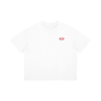 White t-shirt with red text saying told to love your neighbor on a white background