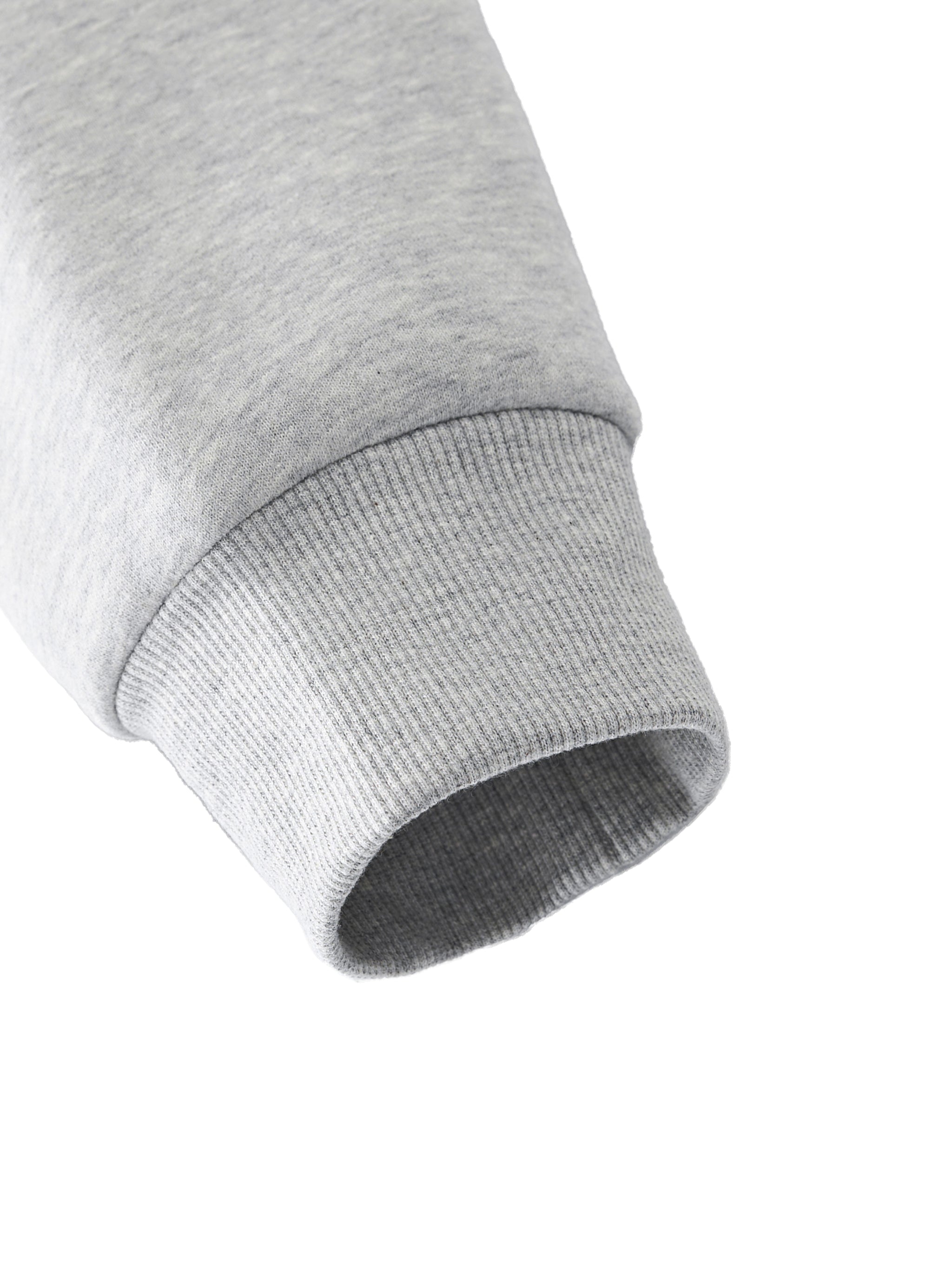 Close-up of a gray sweatshirt sleeve on a white background. grey christian crewneck