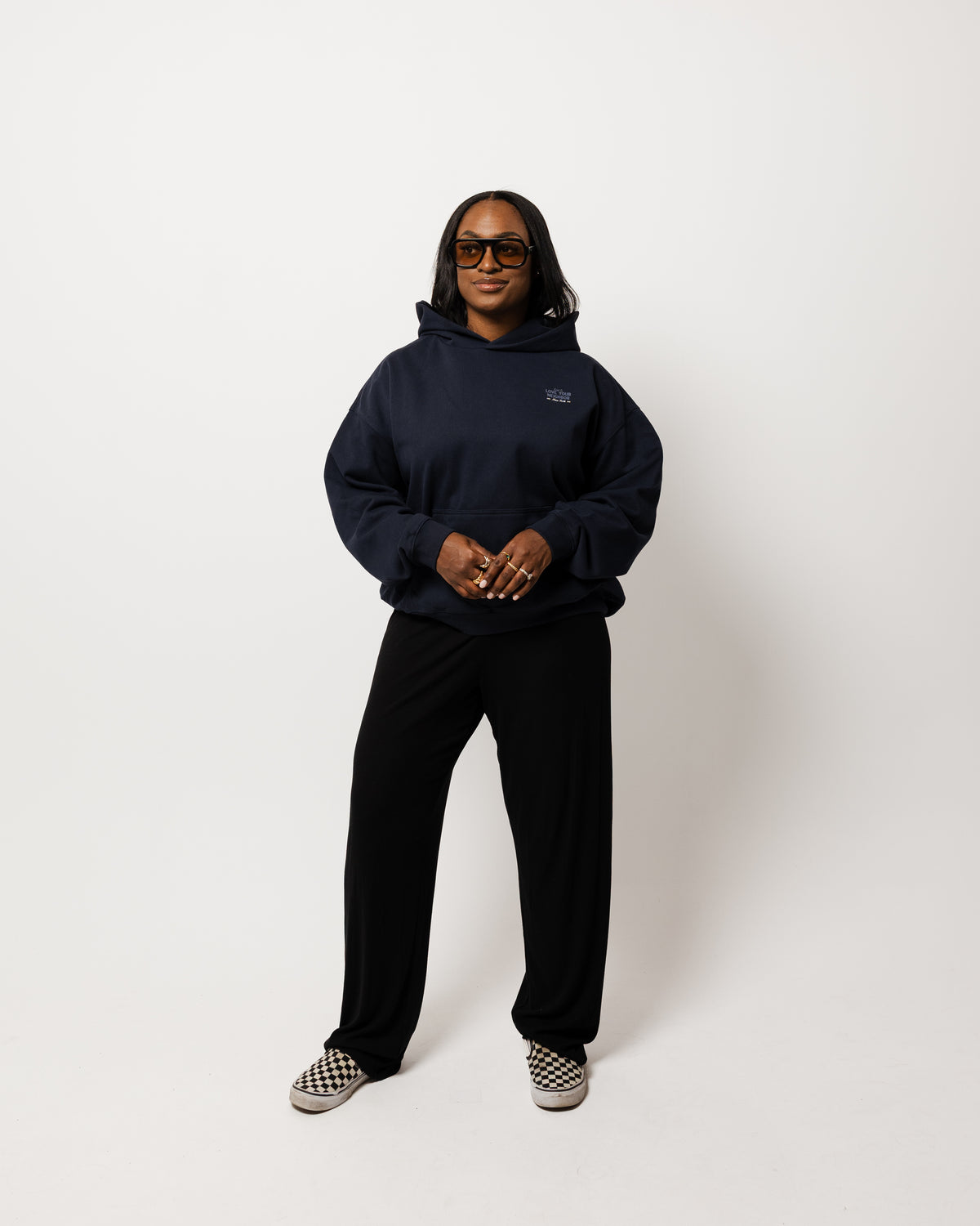 WOMENS LOVE YOUR NEIGHBOR DROP-SHOULDER HOODIE NAVY BLUE
