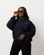 WOMENS LOVE YOUR NEIGHBOR DROP-SHOULDER HOODIE NAVY BLUE