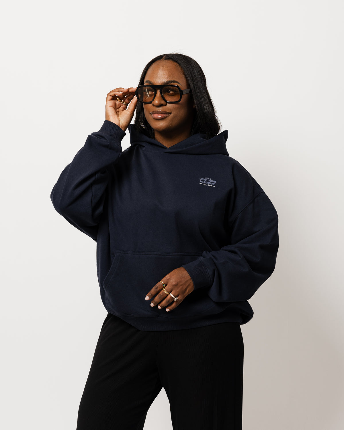 WOMENS LOVE YOUR NEIGHBOR DROP-SHOULDER HOODIE NAVY BLUE