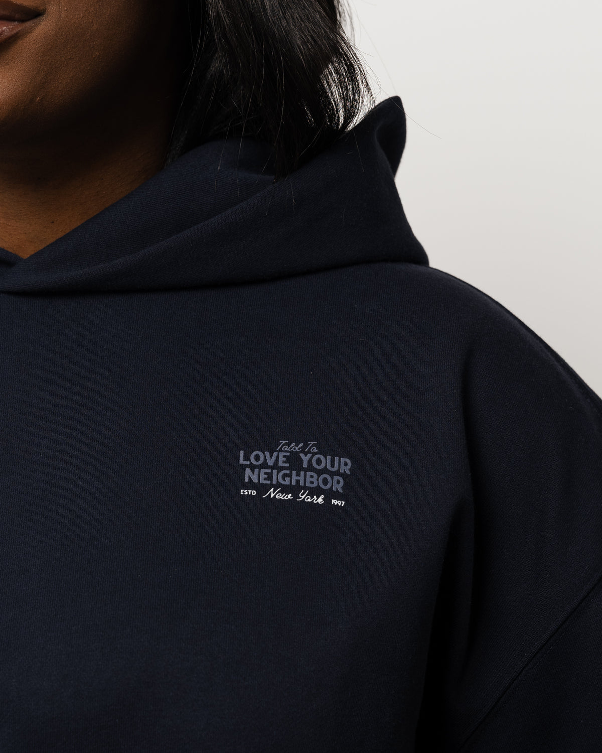 WOMENS LOVE YOUR NEIGHBOR DROP-SHOULDER HOODIE NAVY BLUE