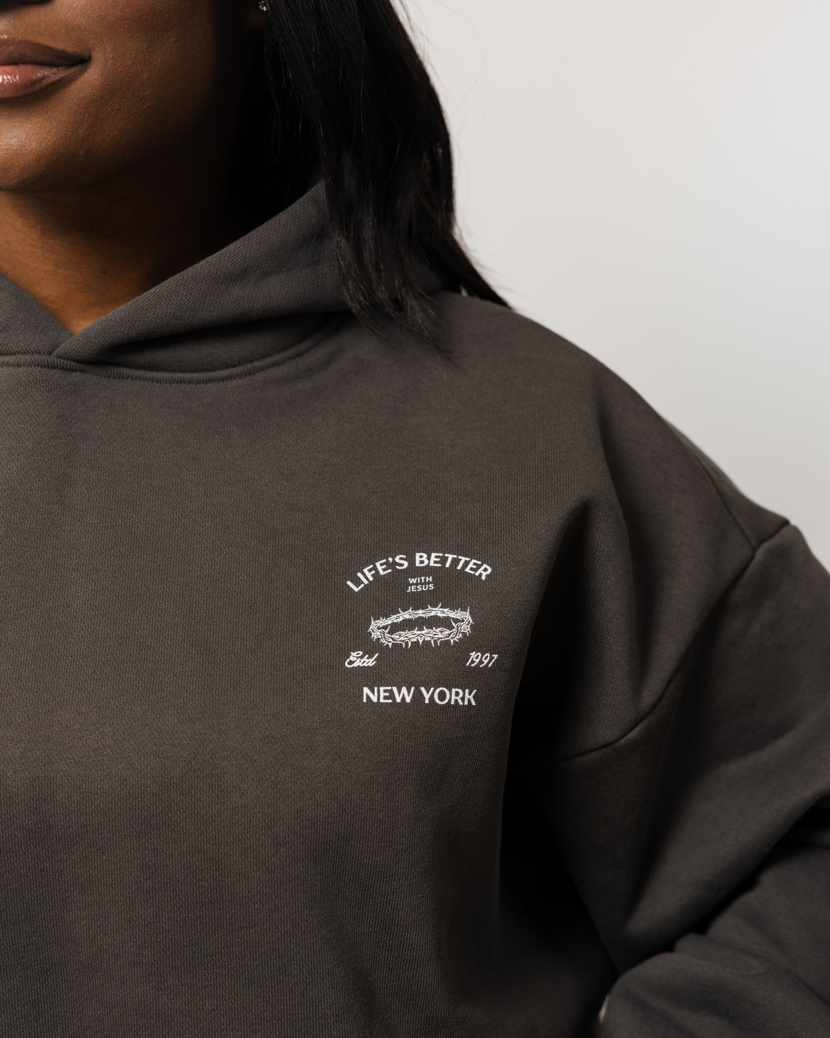 WOMENS BETTER WITH JESUS HEAVYWEIGHT HOODIE GRAY
