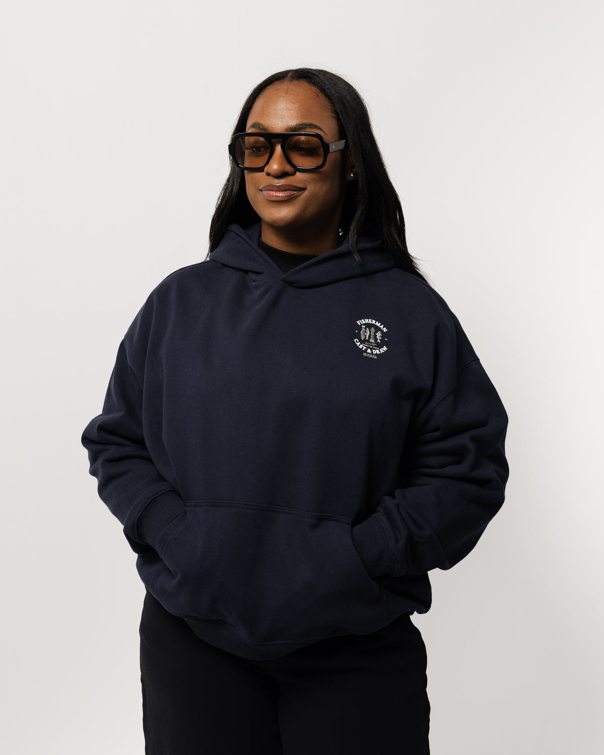 WOMENS FISHERMAN DROP-SHOULDER HOODIE NAVY
