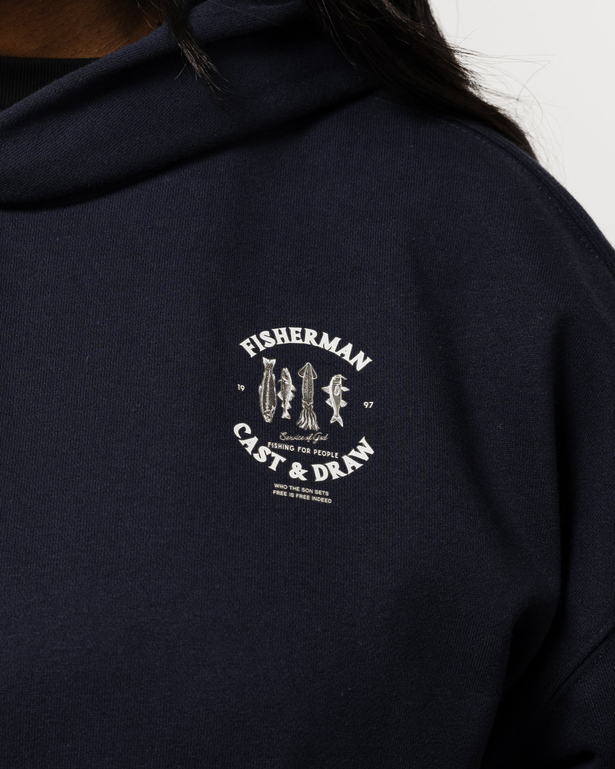 WOMENS FISHERMAN DROP-SHOULDER HOODIE NAVY